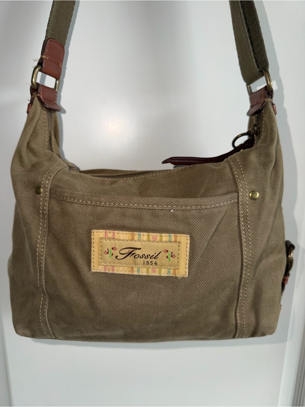 Vintage Fossil 1954 Canvas Shoulder Bag Y2K Olive Green Hobo Purse Leather Trim - Picture 2 of 9